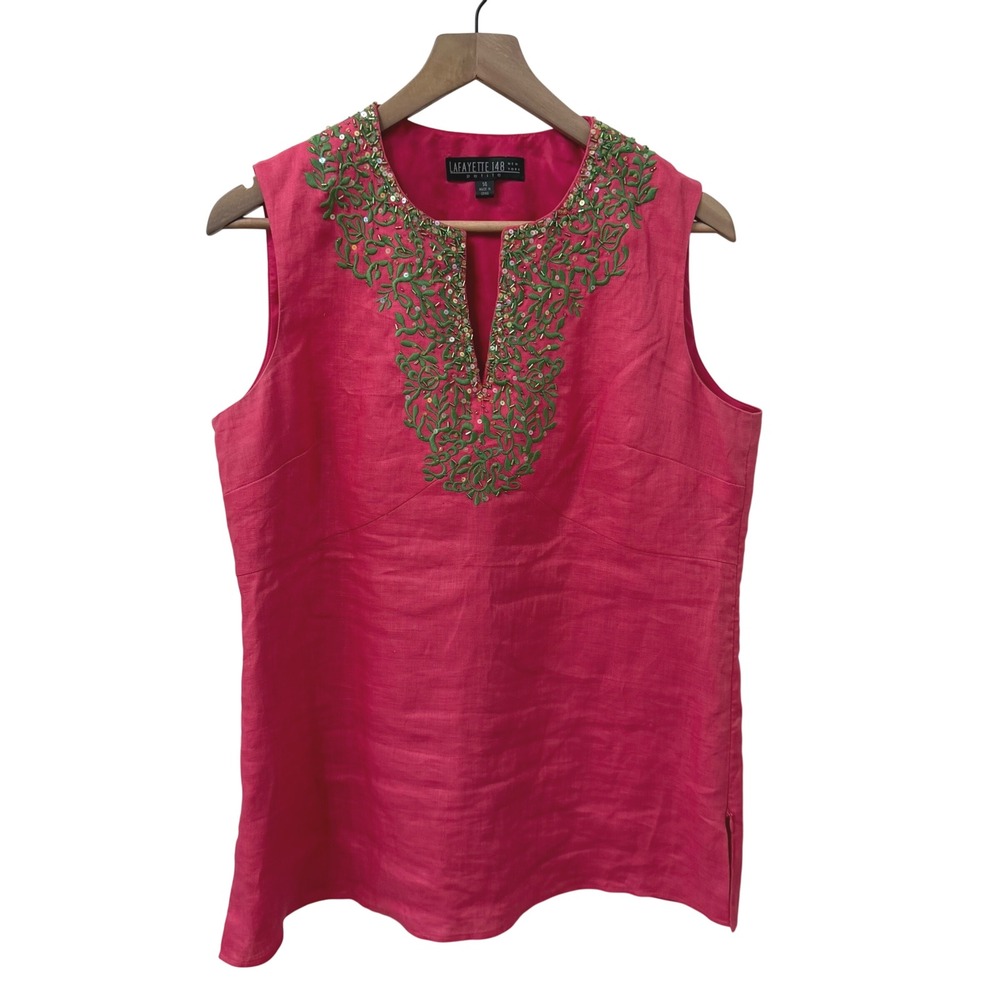 Lafayette 148 Tunic 14P Pink Linen Embroidered Beaded Sleeveless Top